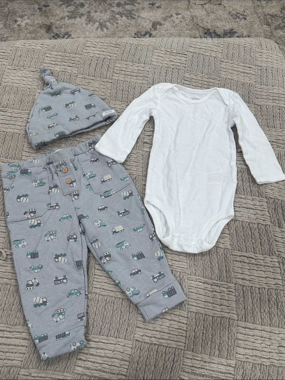Carter's White Bodysuit with Tahari Gray & Teal Vehicle Print Pants and Hat - Picture 1 of 7
